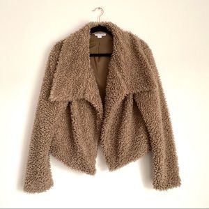 FAVLUX Fluffy Mocha Brown Sherpa Open Front Angled Crop Teddy Jacket w/ Pockets